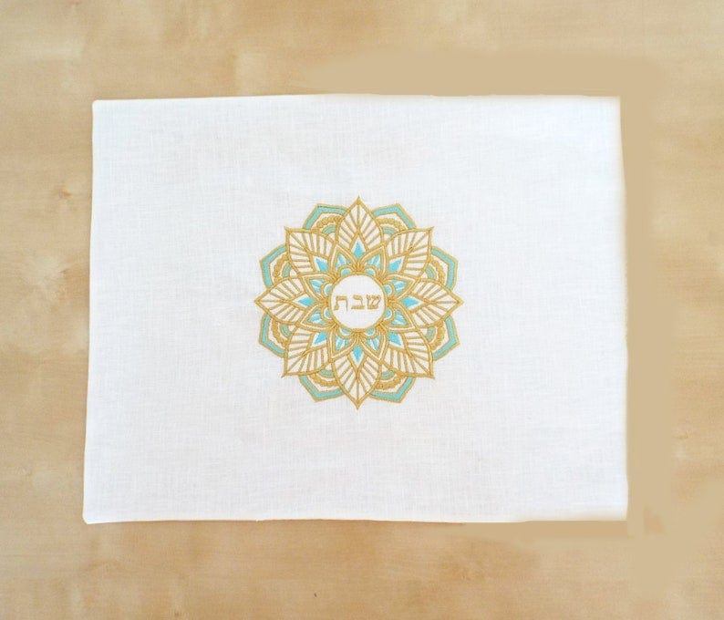 Three Generations - Gold and Teal Embroidered Shabbat Challah Cover - ModernTribe