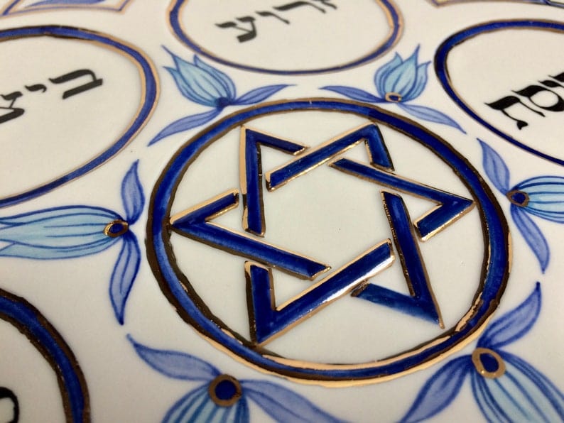 Judaica Hungarica - Navy, Turquoise and Gold Floral Porcelain Seder Plate and Salt Bowl - ModernTribe