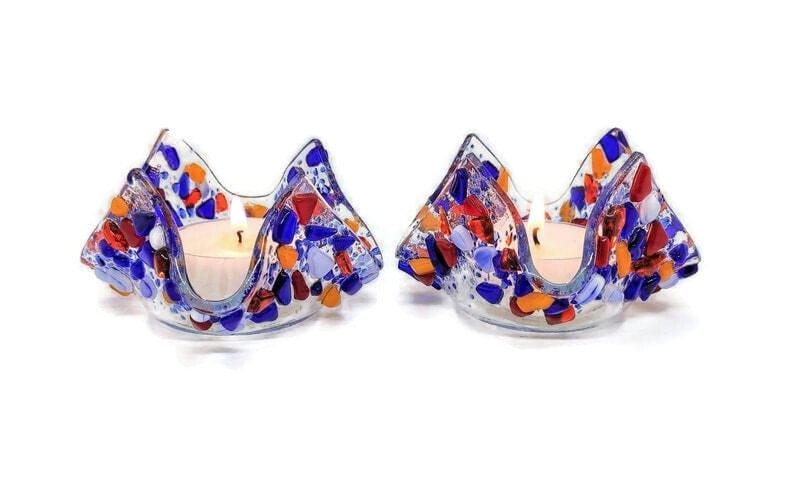 Shevi B Glass Creations - Blue Fused Glass Shabbat Candleholders and Tray - ModernTribe