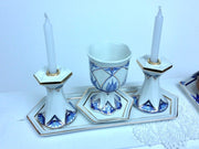 Judaica Hungarica Candlesticks Modern Blue Floral Porcelain Shabbat Set - Kiddush Cup and Candlesticks