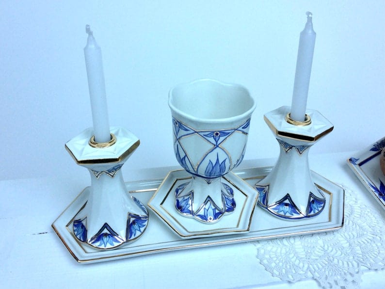 Judaica Hungarica - Modern Blue Floral Porcelain Shabbat Set - Kiddush Cup and Candlesticks - ModernTribe