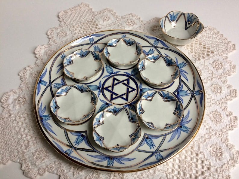Judaica Hungarica Seder Plates Navy, Turquoise and Gold Floral Handmade Seder Plate and Salt Bowl