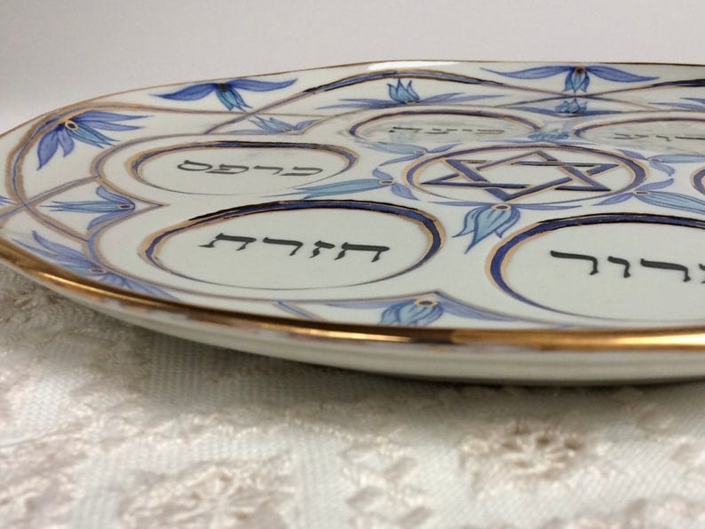 Judaica Hungarica - Navy, Turquoise and Gold Floral Porcelain Seder Plate and Salt Bowl - ModernTribe