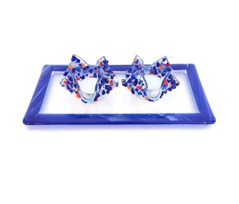 Shevi B Glass Creations - Blue Fused Glass Shabbat Candleholders and Tray - ModernTribe