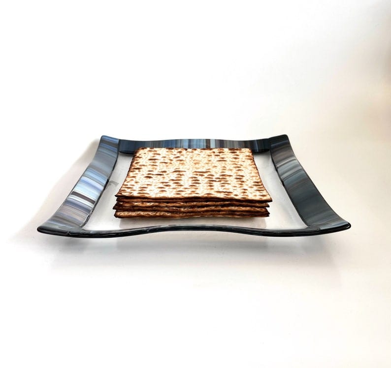 Shevi B Glass Creations - Fused Glass Matzah Tray - Gray and Blue - ModernTribe