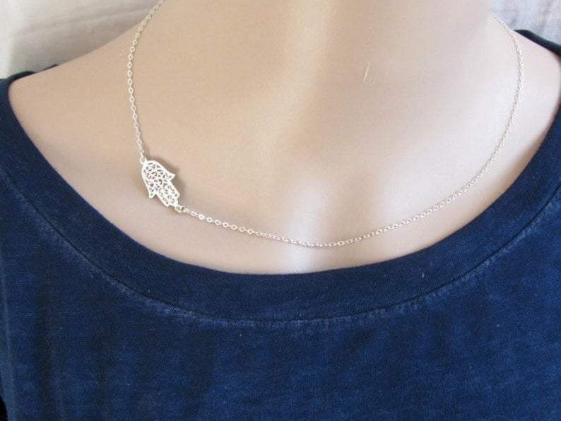 Mini Maxi Necklaces Sideways Lacy Silver or Gold Hamsa Necklace