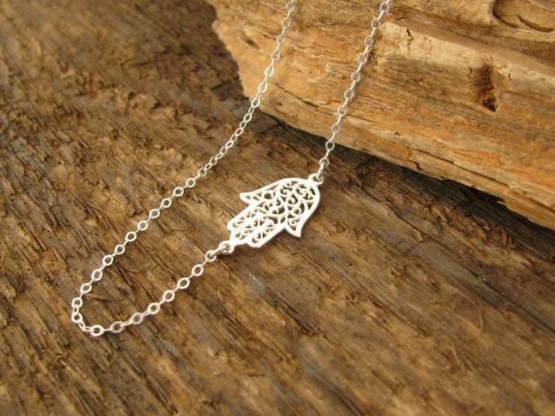 Mini Maxi - Sideways Lacy Silver or Gold Hamsa Necklace - ModernTribe