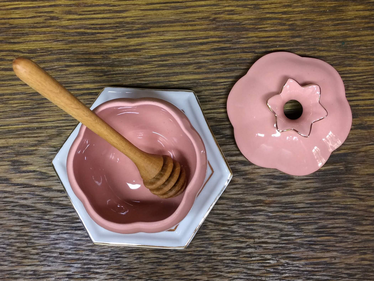 Judaica Hungarica - Pink Porcelain Honey Jar with Dipper and Coaster - ModernTribe
