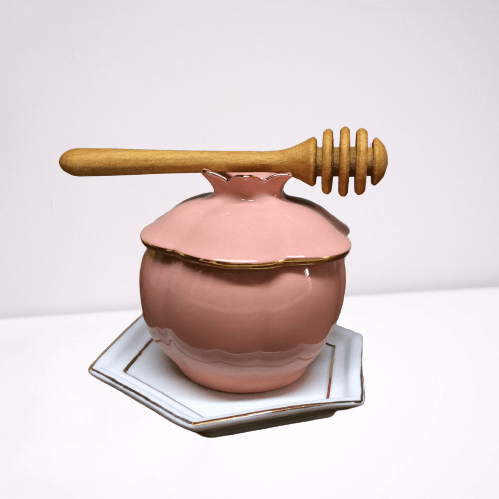 Judaica Hungarica Honey Dishes Pink Porcelain Honey Jar with Dipper and Coaster