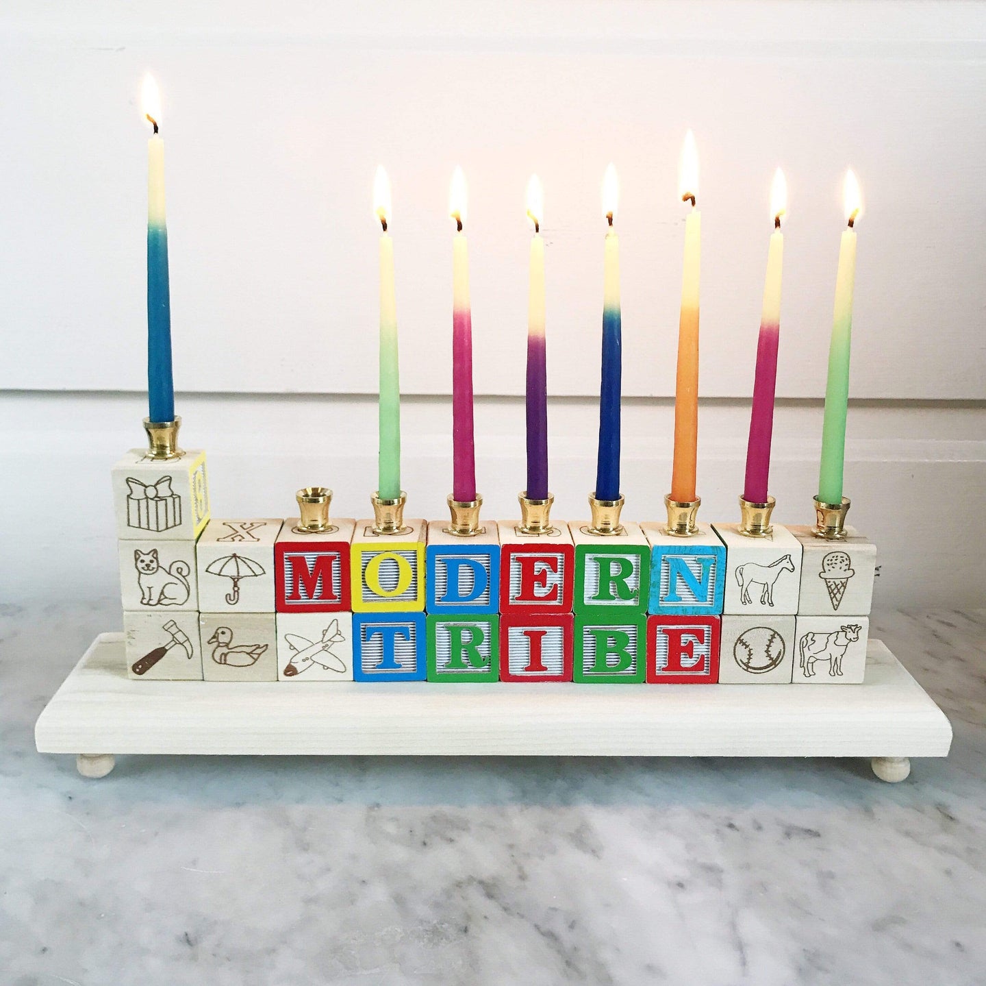 Naturally Wood Creations Menorahs Two Lines / No Candles Wooden Block Name Menorah