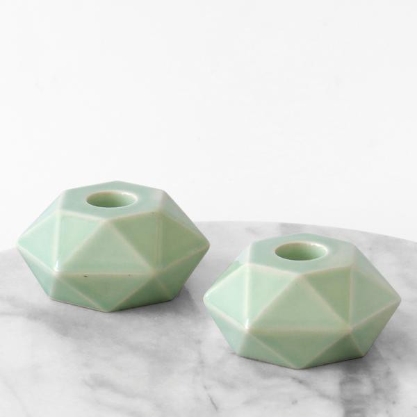 Studio Armadillo - Light Green Hexagon Candlesticks - Pair - ModernTribe