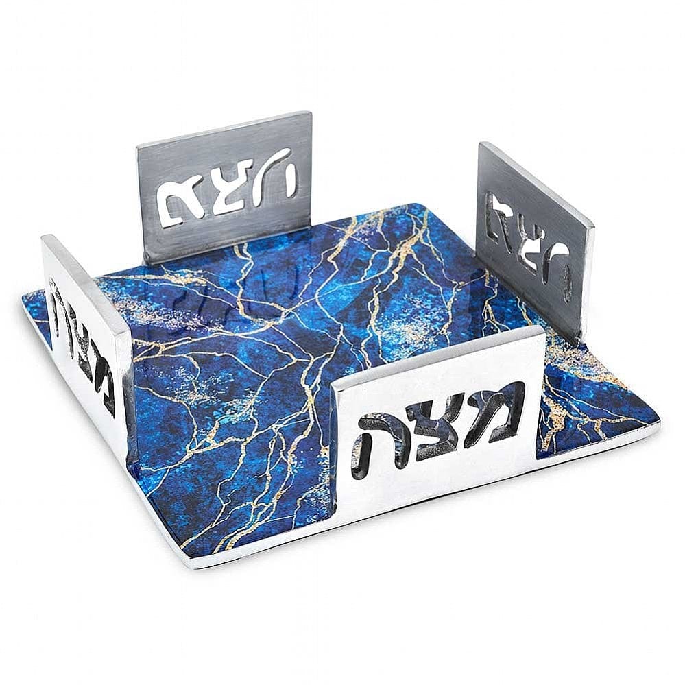 Aviv Judaica Matz Aluminum Marbleized Matzah Plate - Blue