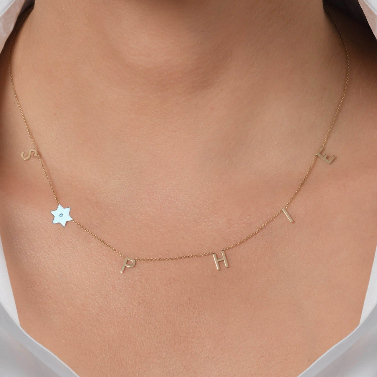 Miriam Merenfeld Jewelry - English or Hebrew Spaced Initials and Star of David Diamond Necklace - (Sterling Silver, Gold - Plated or Two - Tone) - ModernTribe