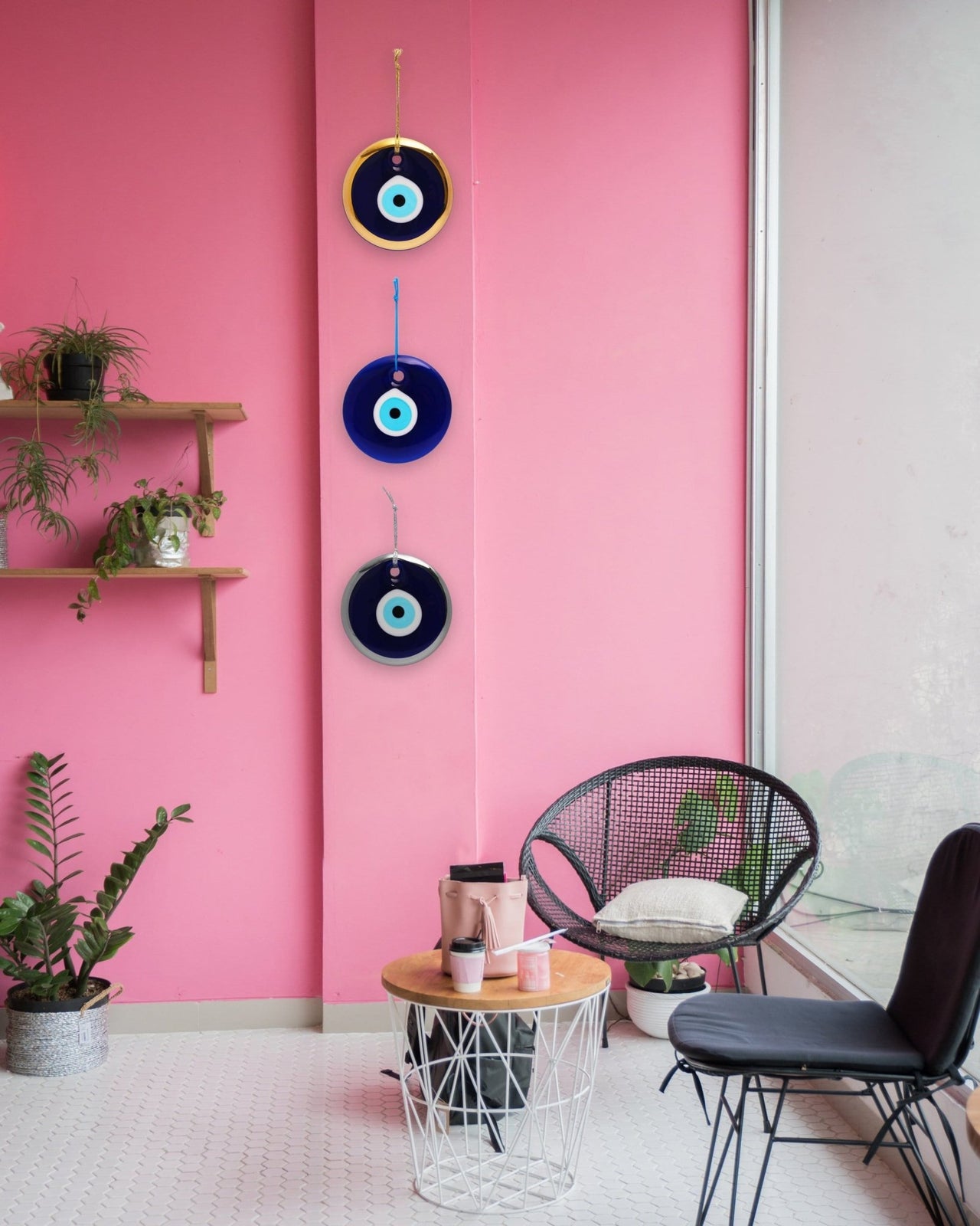 Alef Bet - Evil Eye Glass Wall Hanging - Silver, Gold or Blue Border - ModernTribe