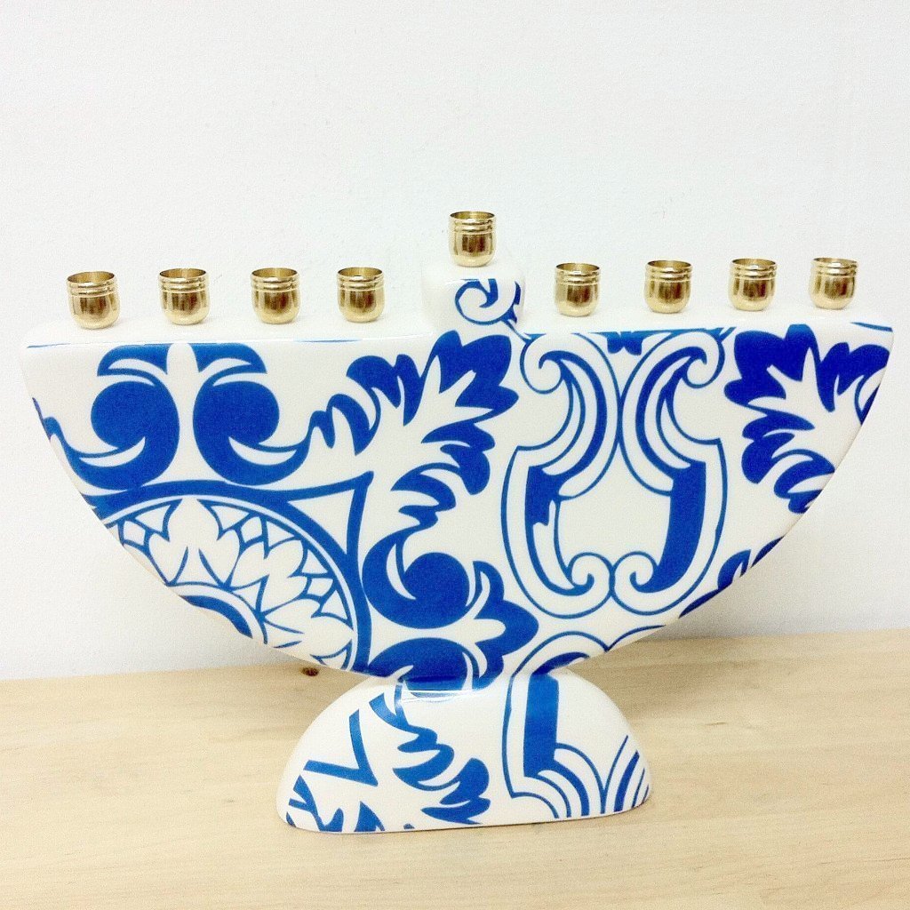 Barbara Shaw - Damask Morrocan Blue Tile Menorah by Barbara Shaw - ModernTribe