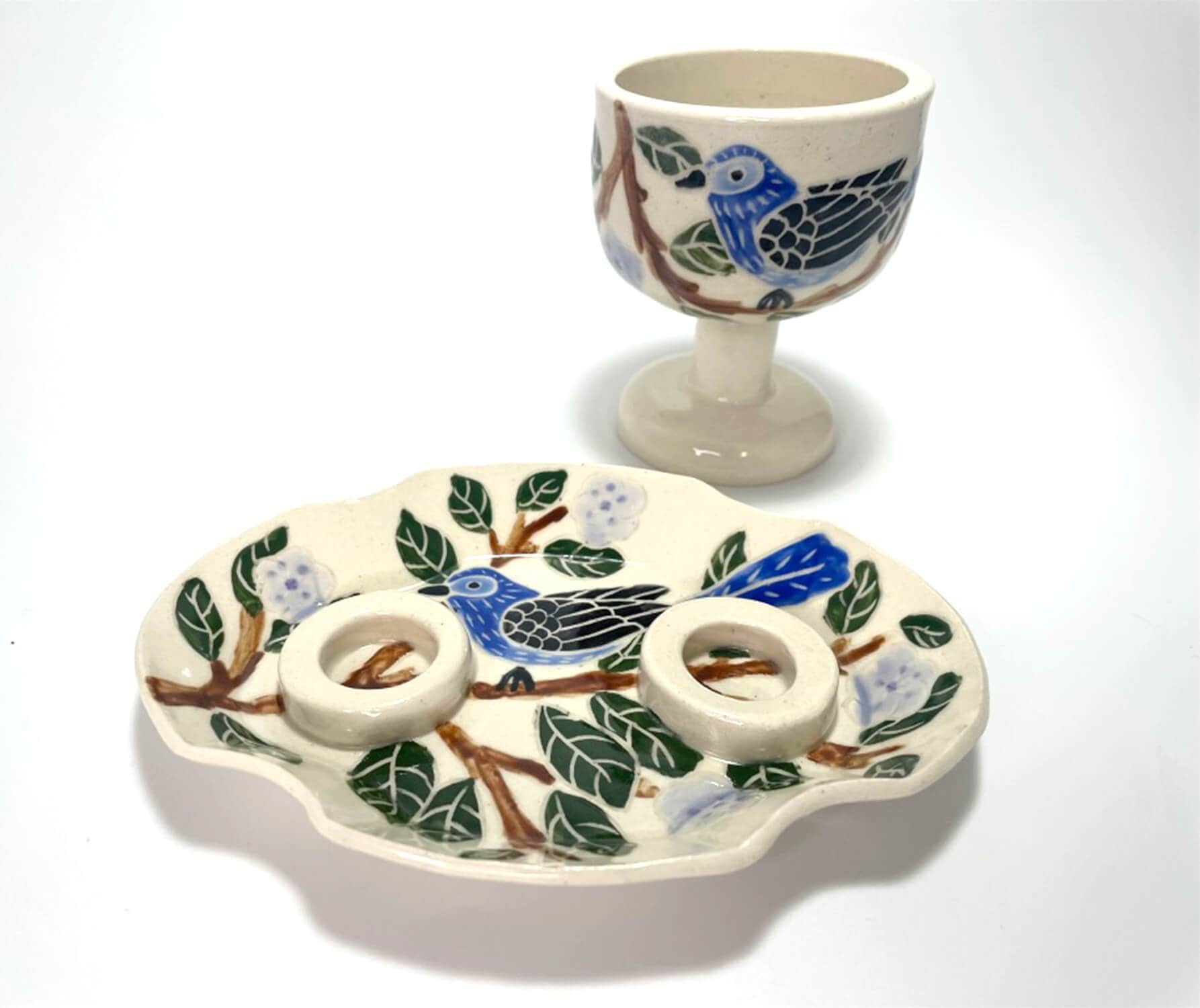 Goodstein Ceramics Kiddush Cups Blue Bird Porcelain Candlesticks by Goodstein Ceramics