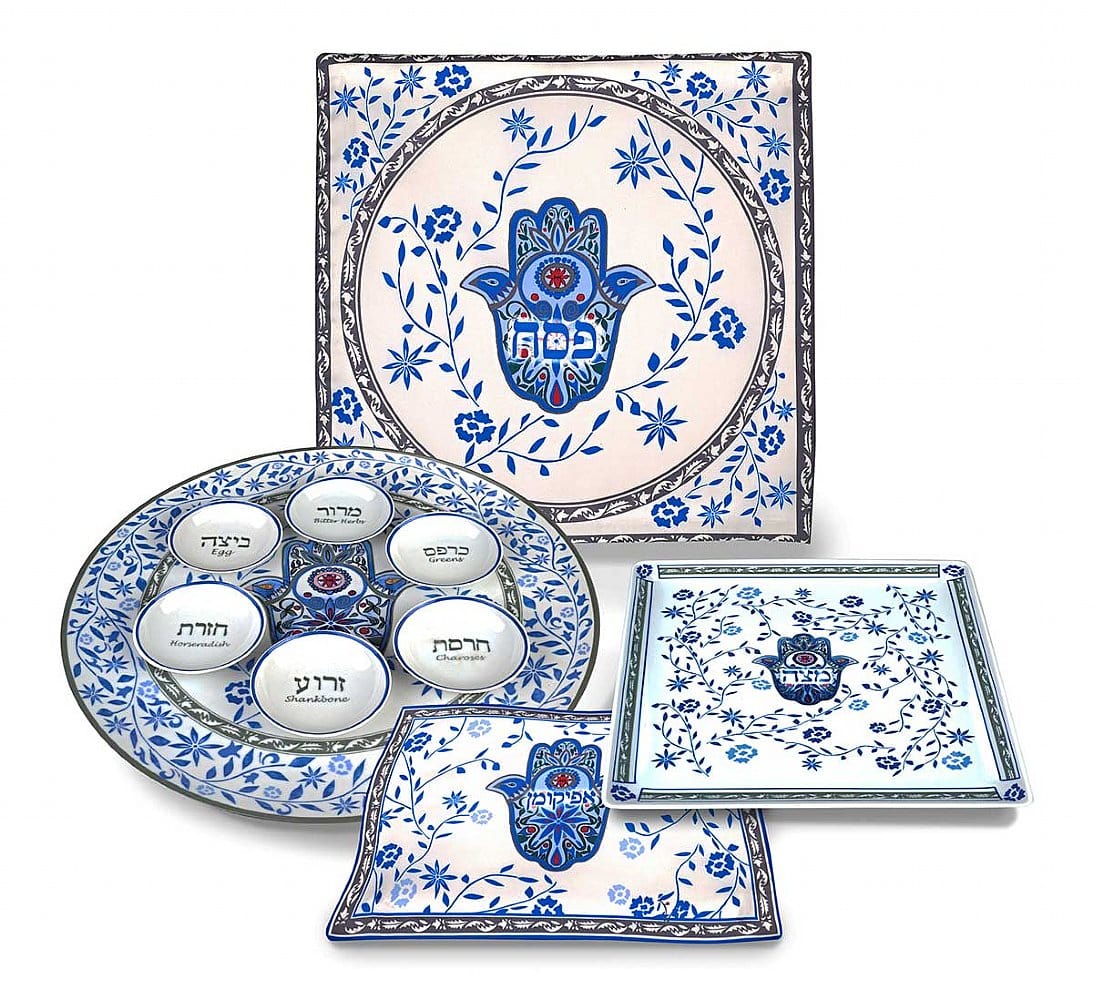 Aviv Judaica Seder Plates 10-Piece Blue Hamsa Collection Passover Seder Set