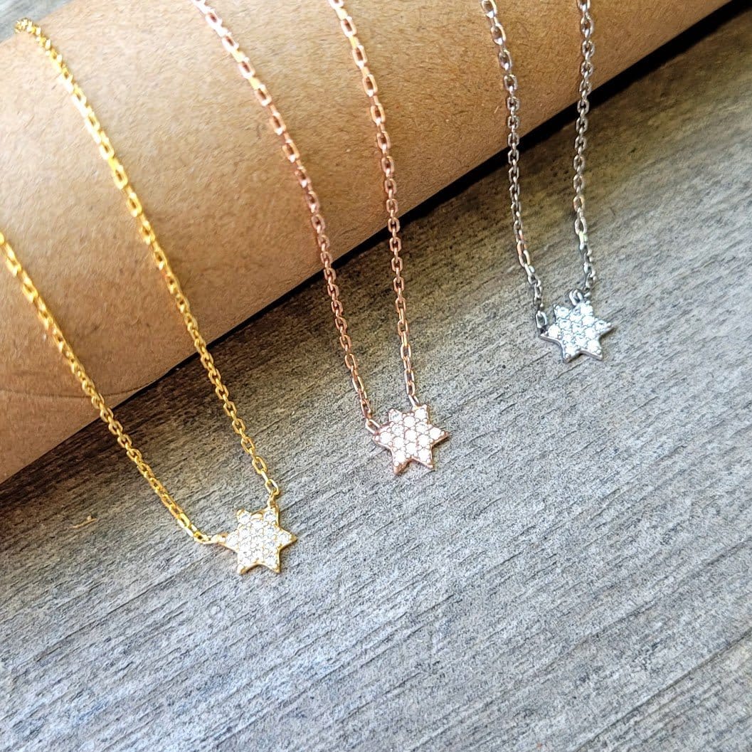 Alef Bet Necklaces Star of David Tiny Sparkle Necklace - Gold, Silver or Rose Gold