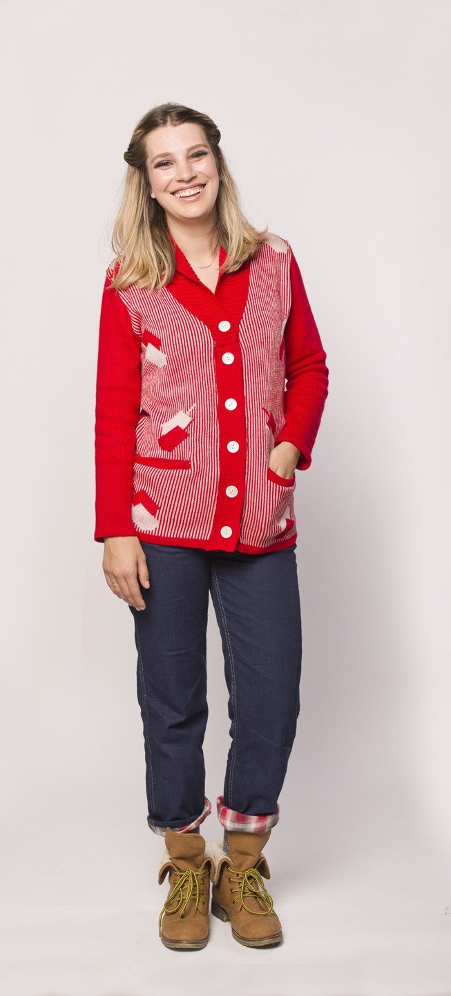 Geltfiend - Dreidelstripe Women's Hanukkah Cardigan Sweater in Red - ModernTribe