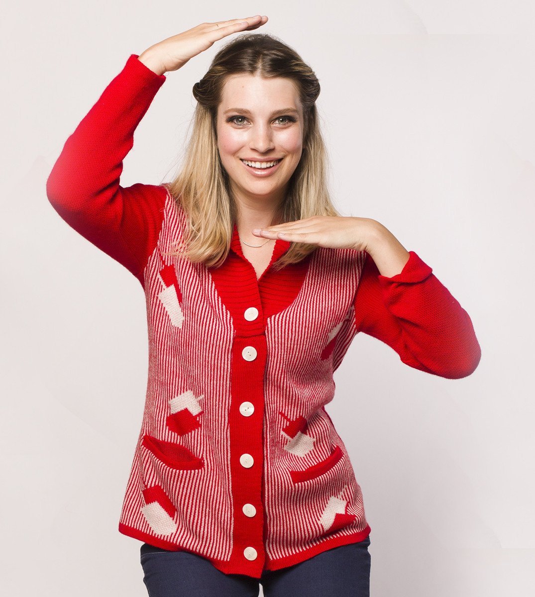 Geltfiend - Dreidelstripe Women's Hanukkah Cardigan Sweater in Red - ModernTribe