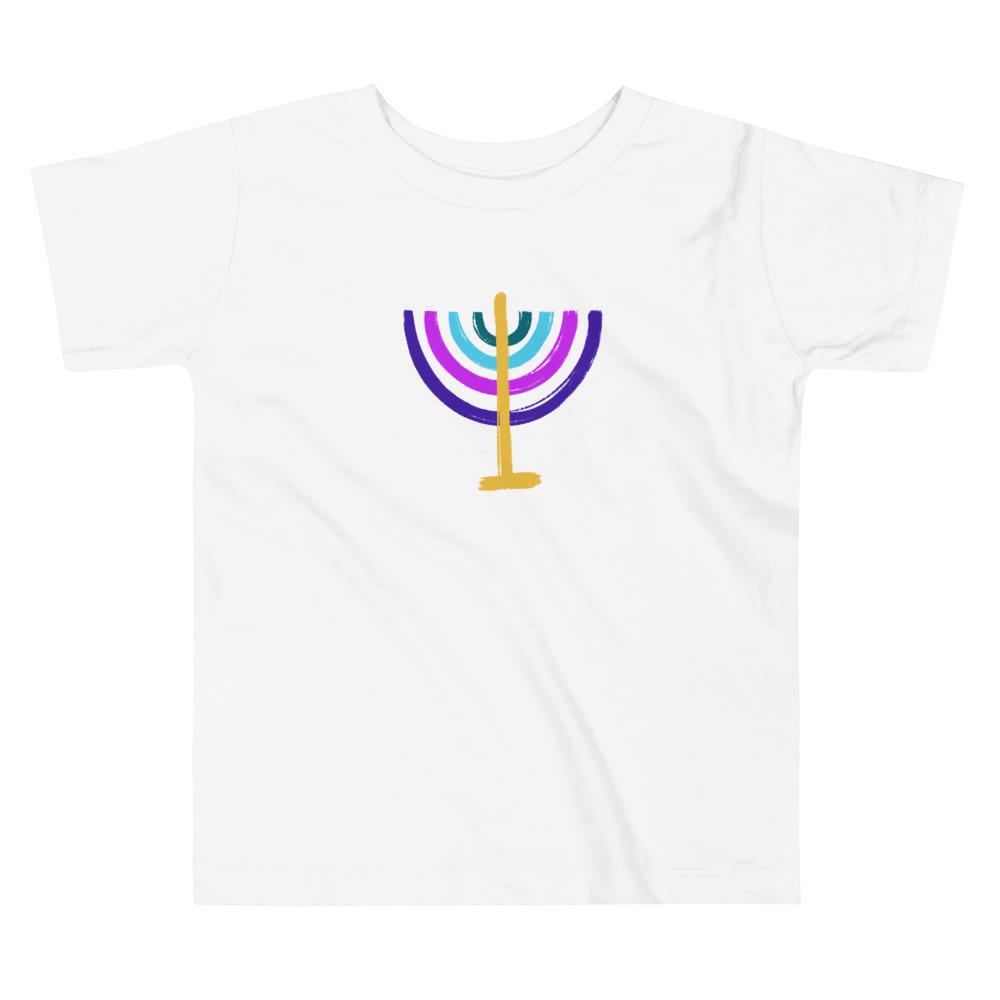 ModernTribe Apparel - Colorful Menorah Toddler Short Sleeve T-Shirt - (White, Blue or Pink) - ModernTribe