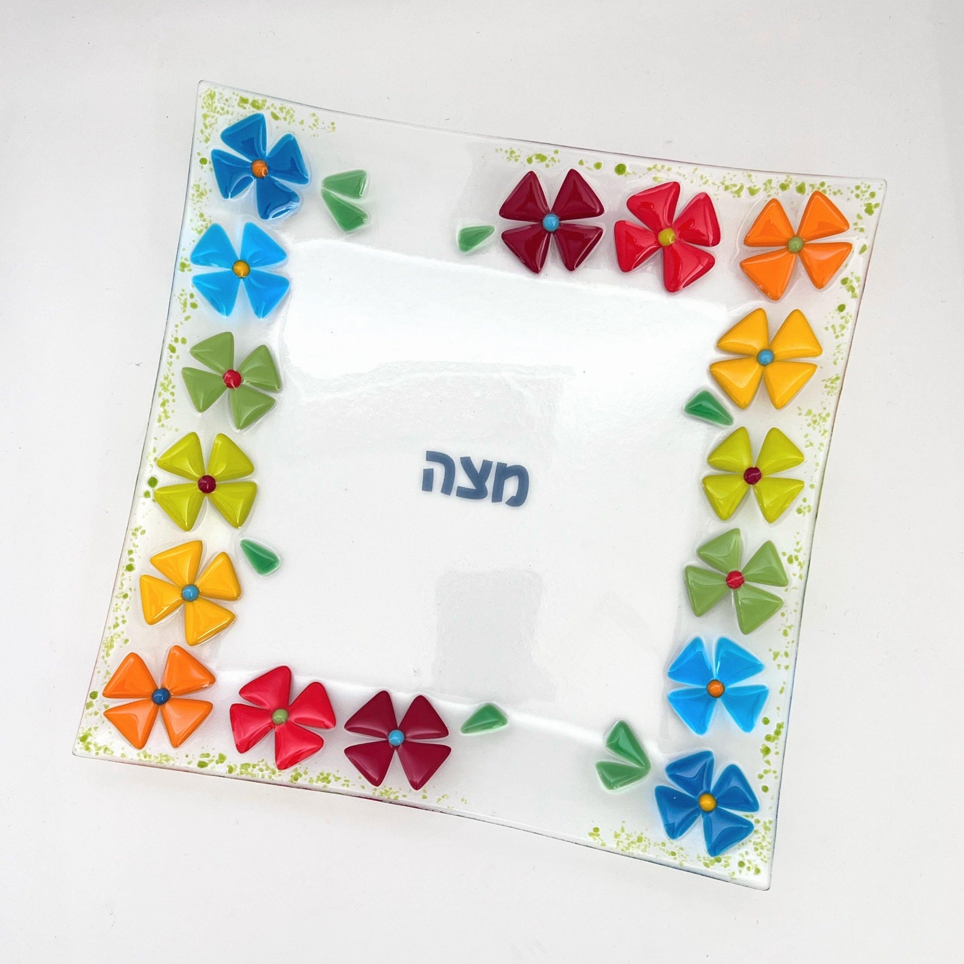 Shevi B Glass Creations Matzah Plates Fused Glass Spring Floral Matzah Tray