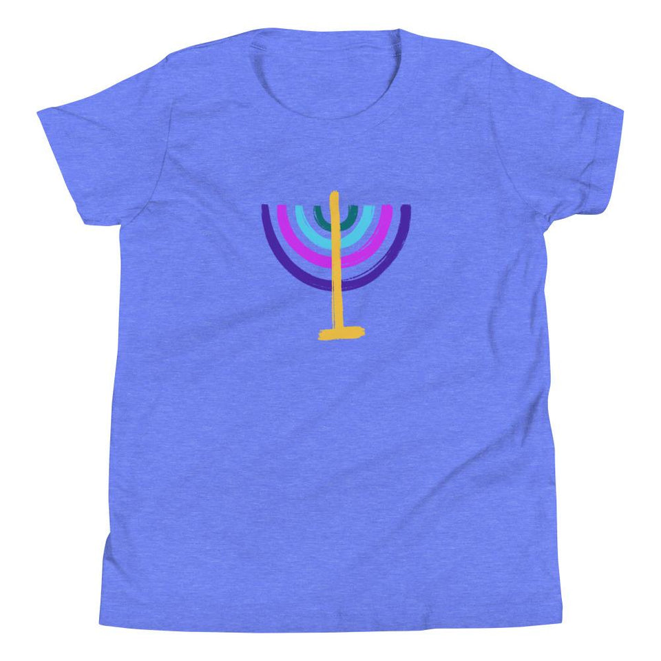 ModernTribe Apparel - Colorful Menorah Kids Short Sleeve T-Shirt - (White, Blue or Gray) - ModernTribe