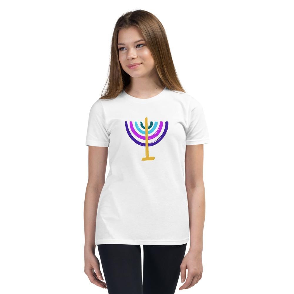 ModernTribe Apparel - Colorful Menorah Kids Short Sleeve T-Shirt - (White, Blue or Gray) - ModernTribe
