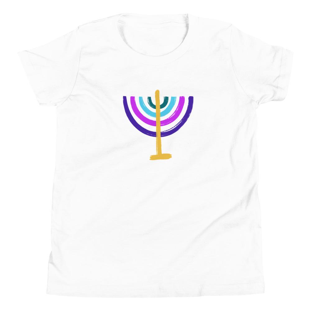 ModernTribe White / S Colorful Menorah Youth Short Sleeve T-Shirt - White, Blue or Gray